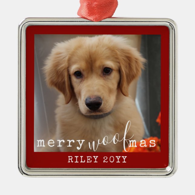 Personalized Dog Photo Merry WoofMas Rustic Red Metal Ornament (Front)