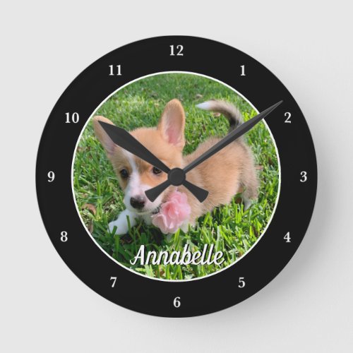 Personalized Dog Photo Monogram Modern Pet Owner Round Clock