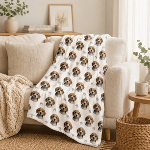 Personalized Dog Photo Paw Pattern Fleece Blanket