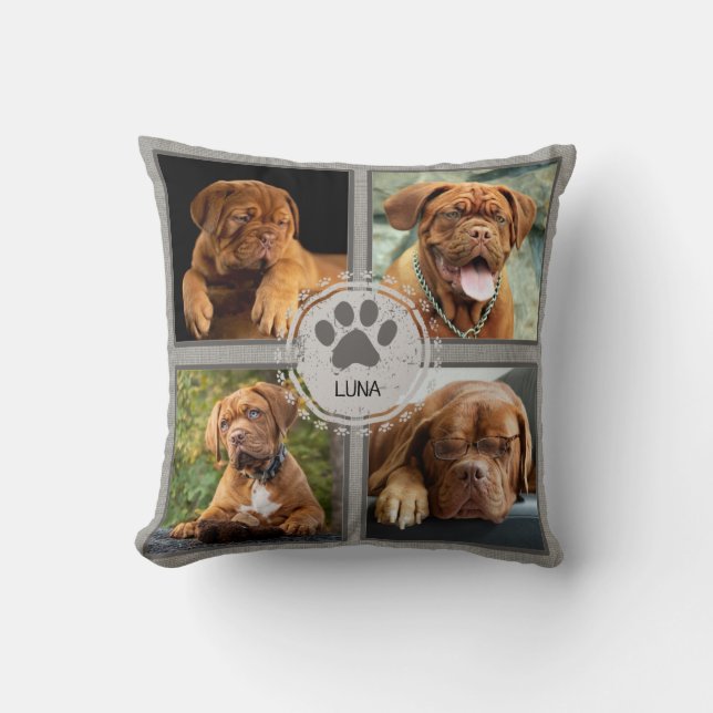 Personalized Dog Photo Pillow 4 Photos Name Gray (Front)