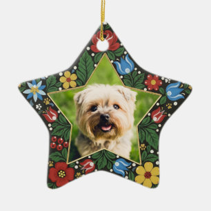 Personalized Dog Photo Star Folk Floral Christmas Ceramic Ornament