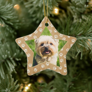 Personalized Dog Photo Star Paw Prints Faux Wood Ceramic Ornament