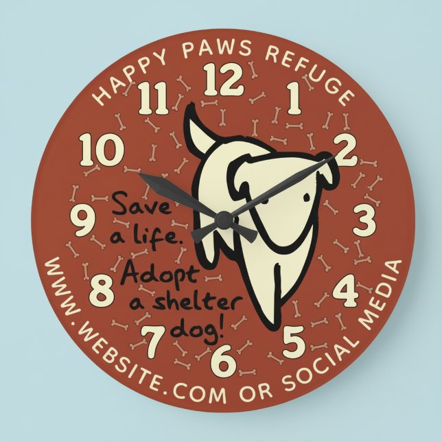 Personalized Dog Shelter Wall Clock (Save a life. Adopt a shelter dog! Pet rescue wall clock.)