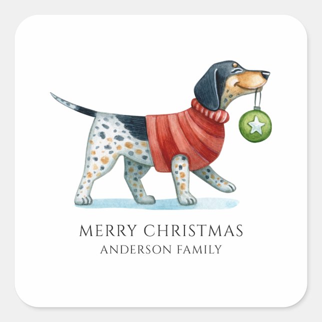 Personalized Dog Watercolor Christmas Square Sticker (Front)