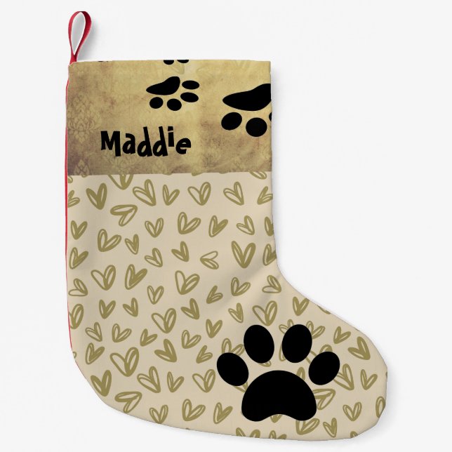 Personalized Dog with Hearts and Paw Print Small Christmas Stocking (Front)