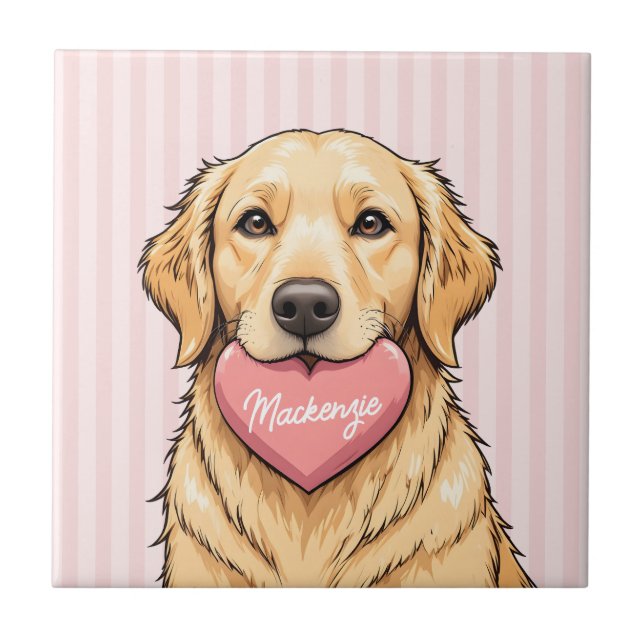 Personalized Dog with Pink Heart Ceramic Tile (Front)