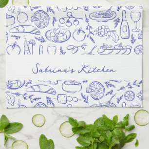 Personalized Dolce Vita Italian Food Drawings Blue Kitchen Towel