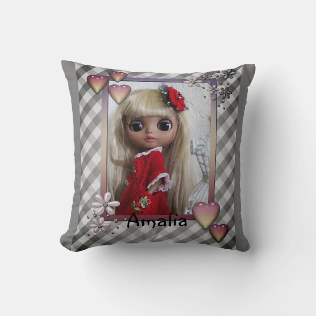 Personalized doll girl kids cute cartoon hearts fl throw pillow (Front)