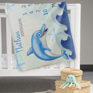 Personalized Dolphin Baby Monthly Milestone Blanket