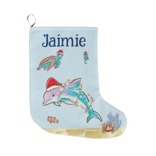 Personalized Dolphin Turtle Ocean Watercolor  Large Christmas Stocking