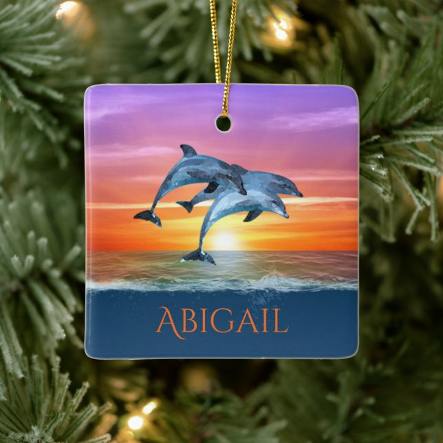 Personalized Dolphins Jumping Ocean Christmas Ceramic Ornament (Tree)