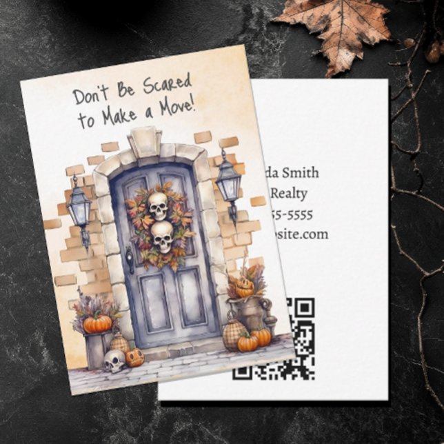 Personalized Don't Be Scared Estate Pop By Note Card (Don't Be Scared to Make a Move Halloween Real Estate Pop By Card with QR code. Editable)