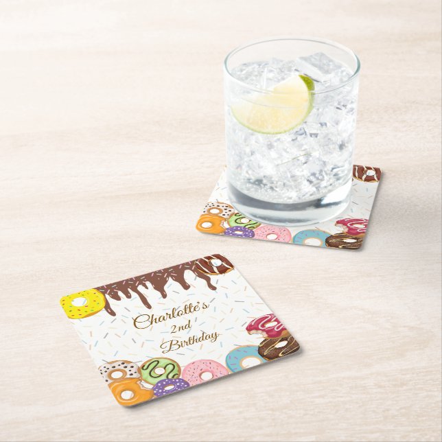 Personalized Donut Party  Square Paper Coaster (Insitu)
