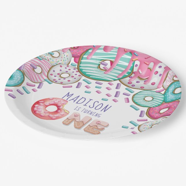 Personalized Donut Sprinkles First Birthday Paper Plates (Angled)