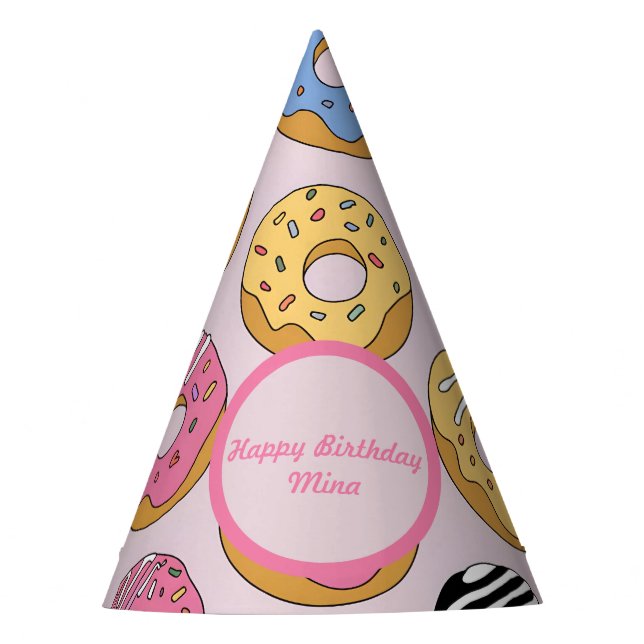 Personalized Donut-Themed Birthday Cone Party Hat (Front)