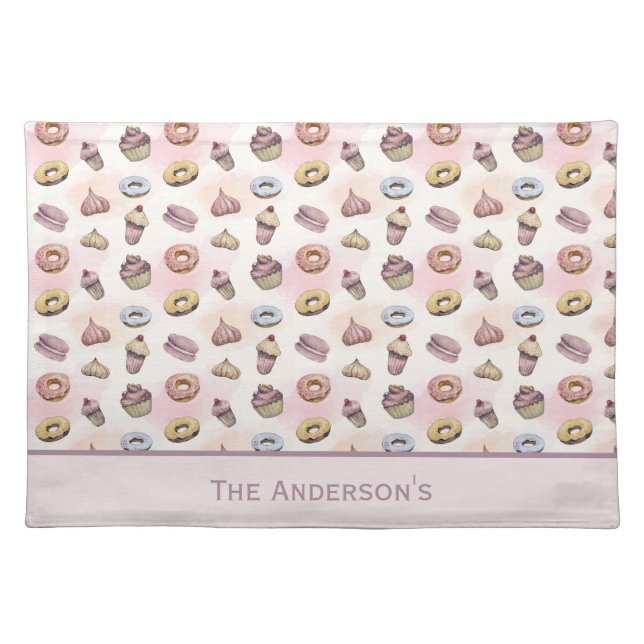 Personalized Donuts Cupcakes Cute Trendy Woodland  Cloth Placemat (Front)