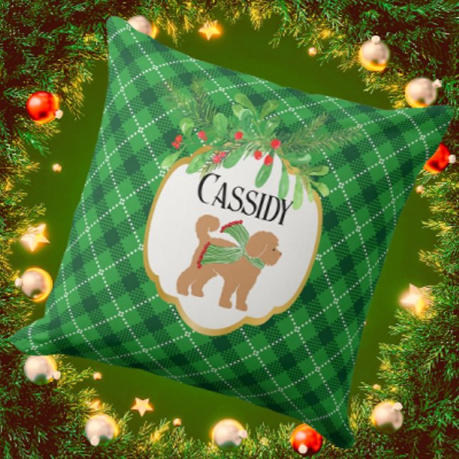 Personalized Doodle Dog Green Plaid Holiday Throw Pillow (Personalize it! Available in 3 sizes.)