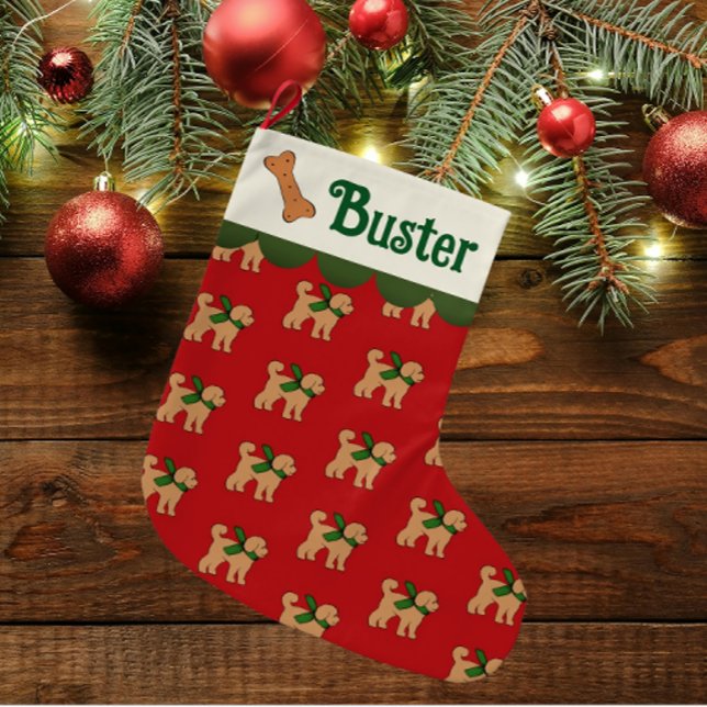 Personalized Doodle Dog Red Green Tan Large Christmas Stocking (Creator Uploaded)