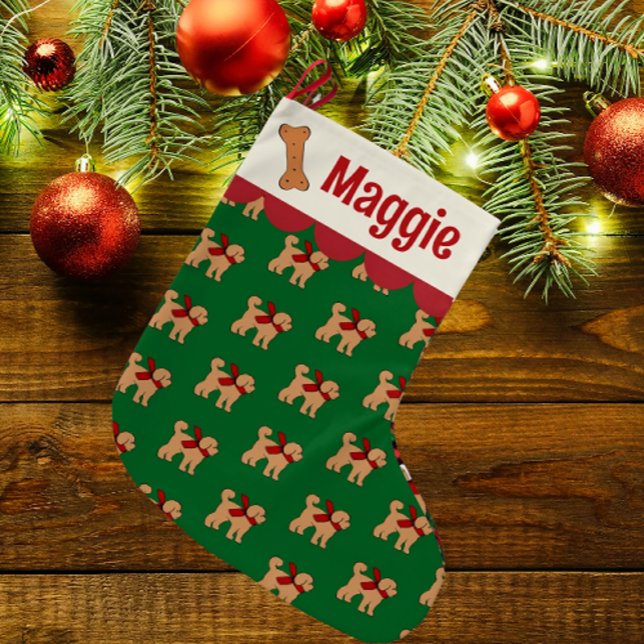 Personalized Doodle Dog Red Green Tan Large Christmas Stocking (Creator Uploaded)