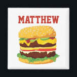 Personalized Double Cheeseburger Fridge Magnet<br><div class="desc">Use the fill-in-the-blank field to easily add your own name or short message to this cute refrigerator magnet featuring a mouthwatering looking double cheeseburger. Makes a fun party personalized party favor. Love hamburgers and cheeseburgers? Find more tasty items in the Asterisk Designs Zazzle shop.</div>