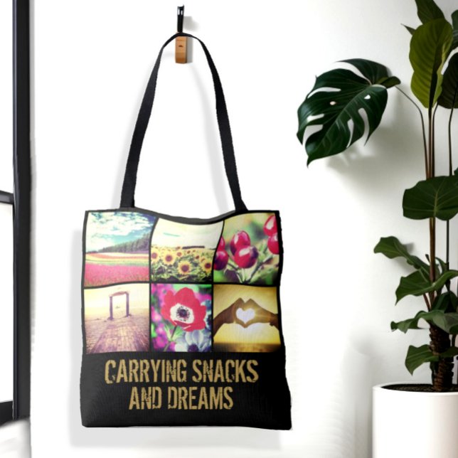 Personalized double sided photo grid custom text tote bag (Personalized collage photo with custom text tote bag.)