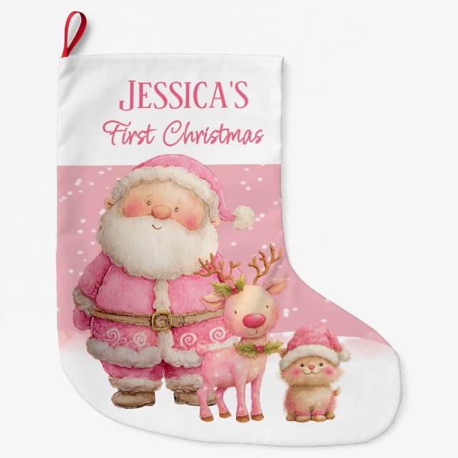 Personalized  Double Sided  Pink First Christmas Large Christmas Stocking (Front)