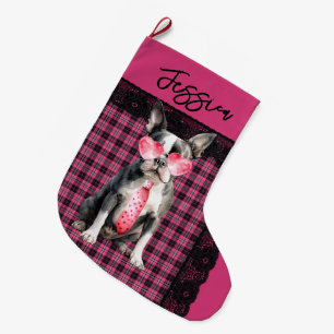 Personalized  Double sided Quirky Boston Terrier Large Christmas Stocking