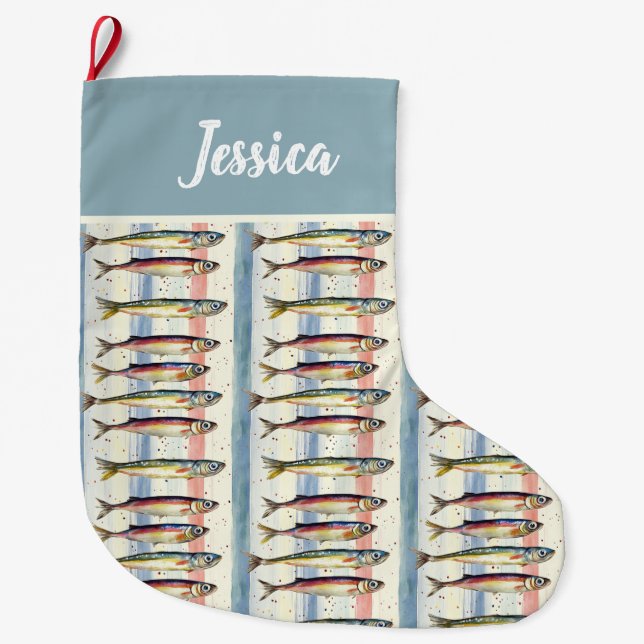 Personalized  Double Sided Quirky Sardine Design Large Christmas Stocking (Front)