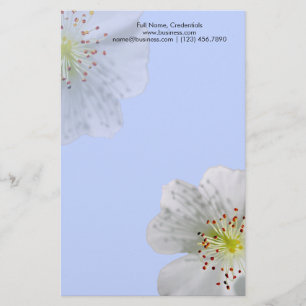 Personalized Double White Flower Bloom, Light Blue Stationery