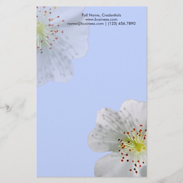 Personalized Double White Flower Bloom, Light Blue Stationery (Front)