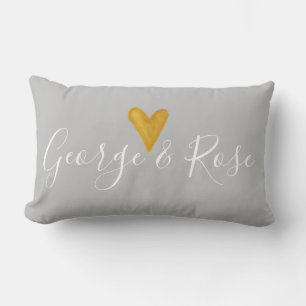 Personalized dove grey faux gold heart lumbar pillow