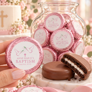 Personalized Dove Pink Girl Baptism Milk Chocolate Dipped Oreo Cookie Favors