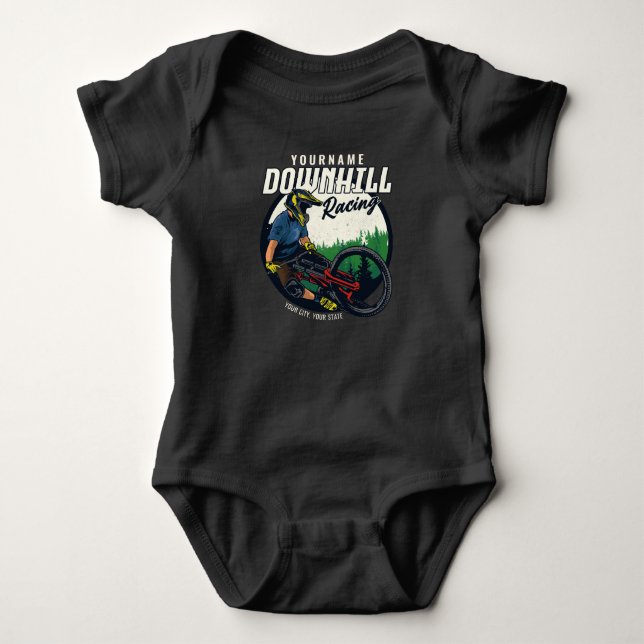 Personalized Downhill Racing Mountain Bike Trail   Baby Bodysuit (Front)