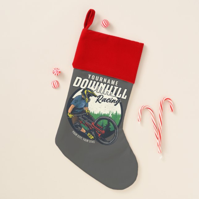 Personalized Downhill Racing Mountain Bike Trail   Christmas Stocking (Front)