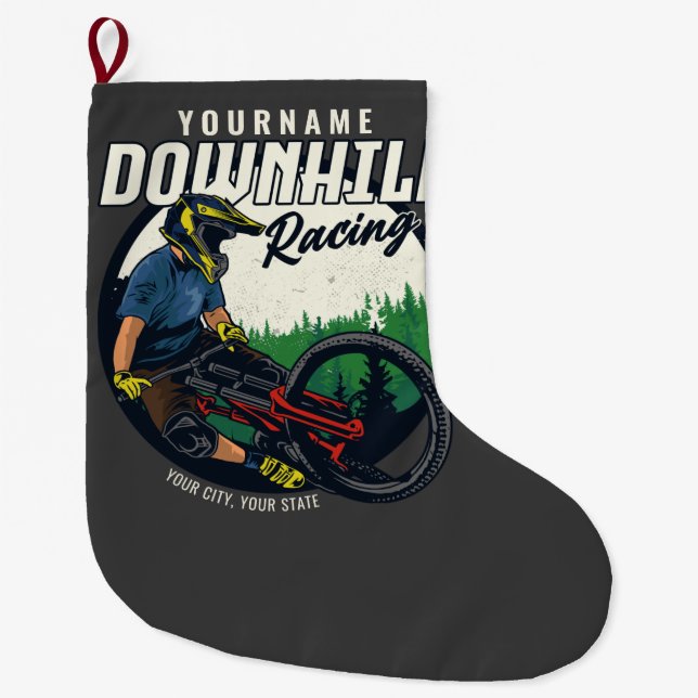 Personalized Downhill Racing Mountain Bike Trail  Large Christmas Stocking (Front)