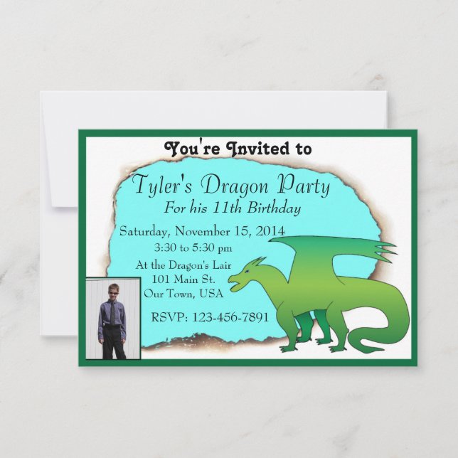 Personalized Dragon Birthday Party Invite w/ photo (Front)
