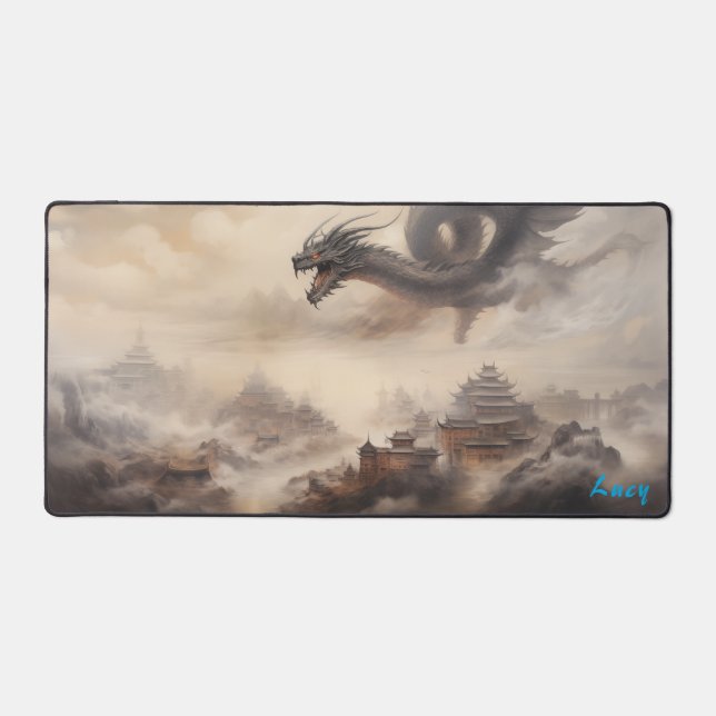 Personalized Dragon over Chinese City Desk Mat (Front)