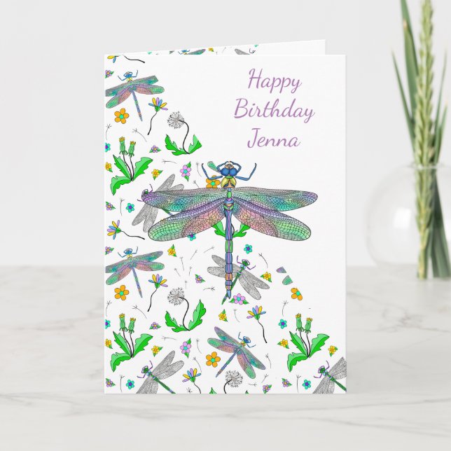 Personalized Dragonflies and Dandelions Birthday Card (Front)