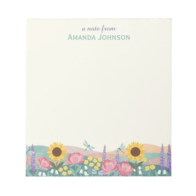 Personalized Dragonfly Flower Field Custom Name Notepad (Front)