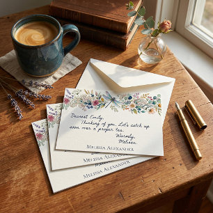 Personalized dragonfly paisley floral note card