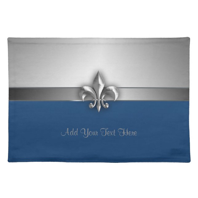 Personalized Dramatic Blue Silver Fleur de Lis Cloth Placemat (Front)