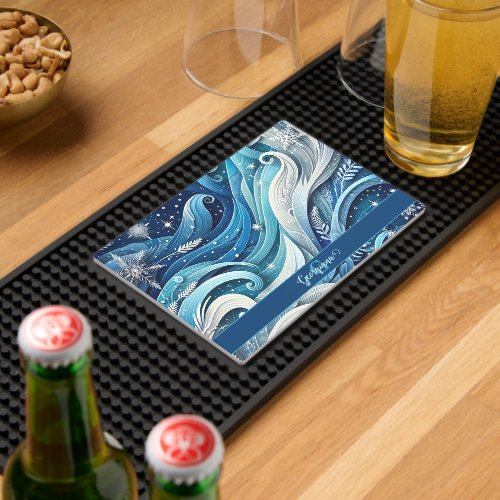 Personalized Dreamy Blue and Frosty Winter Swirls Bar Mat