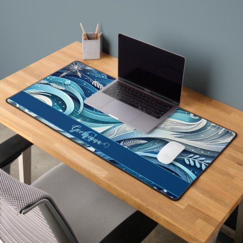 Personalized Dreamy Blue and Frosty Winter Swirls Desk Mat