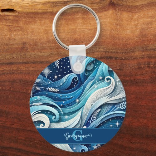 Personalized Dreamy Blue and Frosty Winter Swirls Keychain