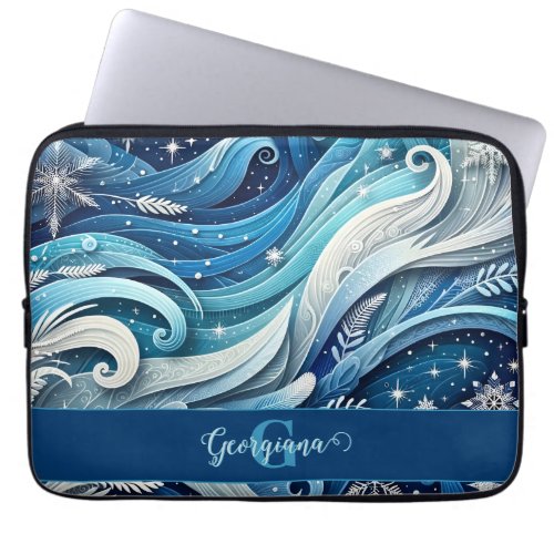 Personalized Dreamy Blue and Frosty Winter Swirls Laptop Sleeve