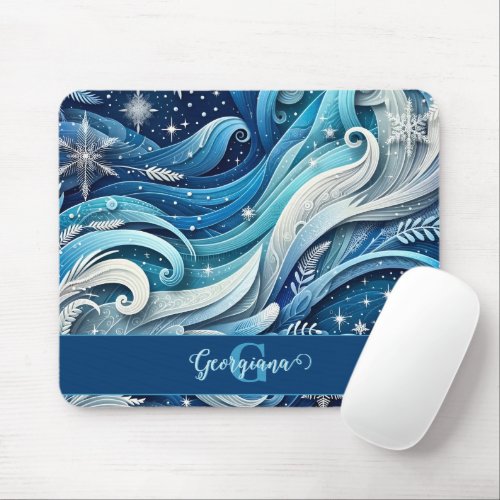 Personalized Dreamy Blue and Frosty Winter Swirls Mouse Pad