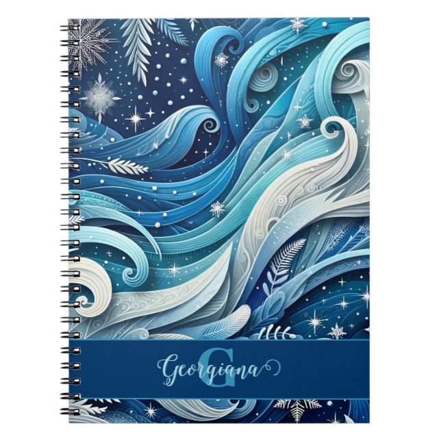 Personalized Dreamy Blue and Frosty Winter Swirls Notebook (Front)