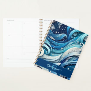 Personalized Dreamy Blue and Frosty Winter Swirls Planner