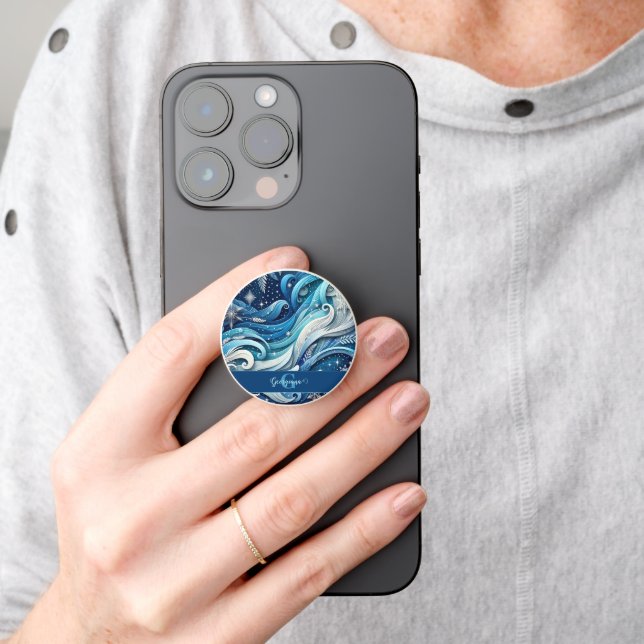 Personalized Dreamy Blue and Frosty Winter Swirls PopSocket (Hand)
