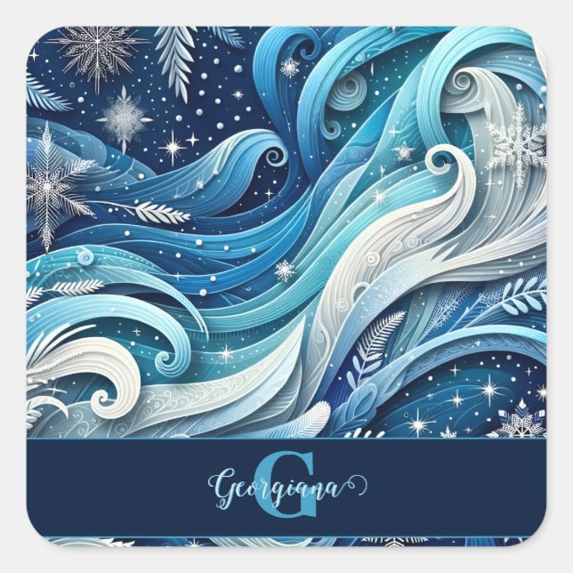 Personalized Dreamy Blue and Frosty Winter Swirls Square Sticker (Front)